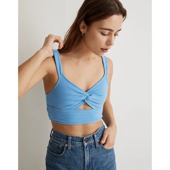 Madewell XS Cutout Knot Front Cropped Tank Top Oasis Blue Sweetheart Neckline - Picture 1 of 11